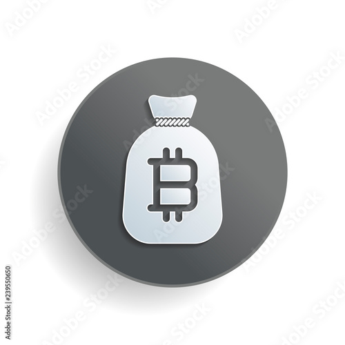 Money bag with bitcoin. Full moneybag icon. White paper symbol on gray round button or badge with shadow