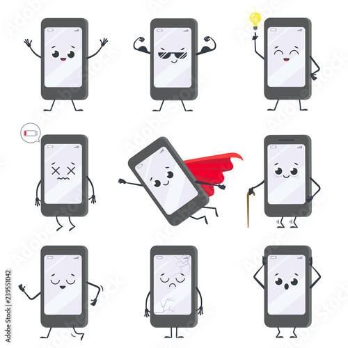 Cartoon smartphone character. Mobile phone mascot with hands, le