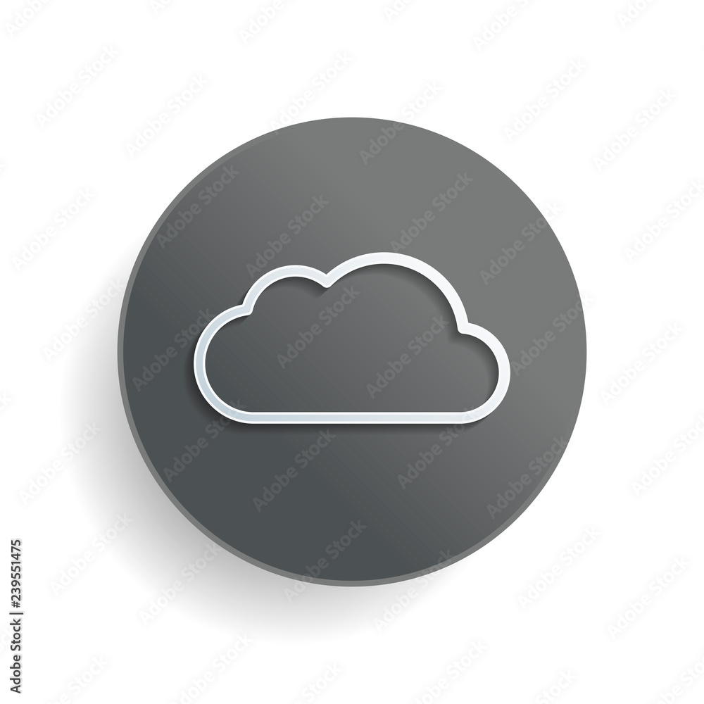 Simple cloud. Linear symbol with thin outline. White paper symbol on gray round button or badge with shadow Simple cloud. Linear symbol with thin outline. White paper symbol on gray round button or badge with shadow