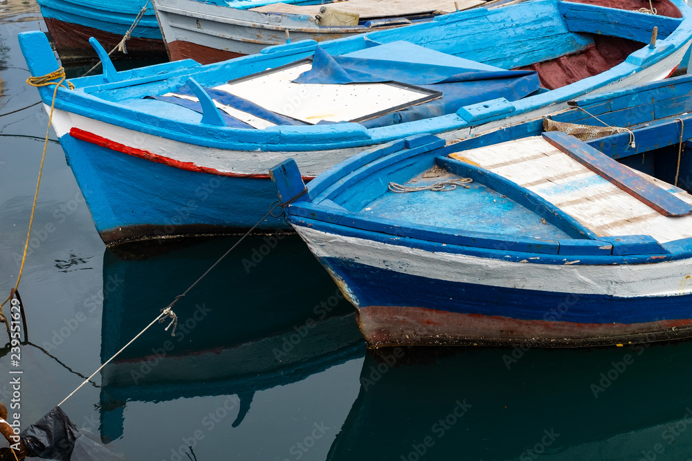 Boats docked in a small harbor in a fishing village on the coast of Sicily.