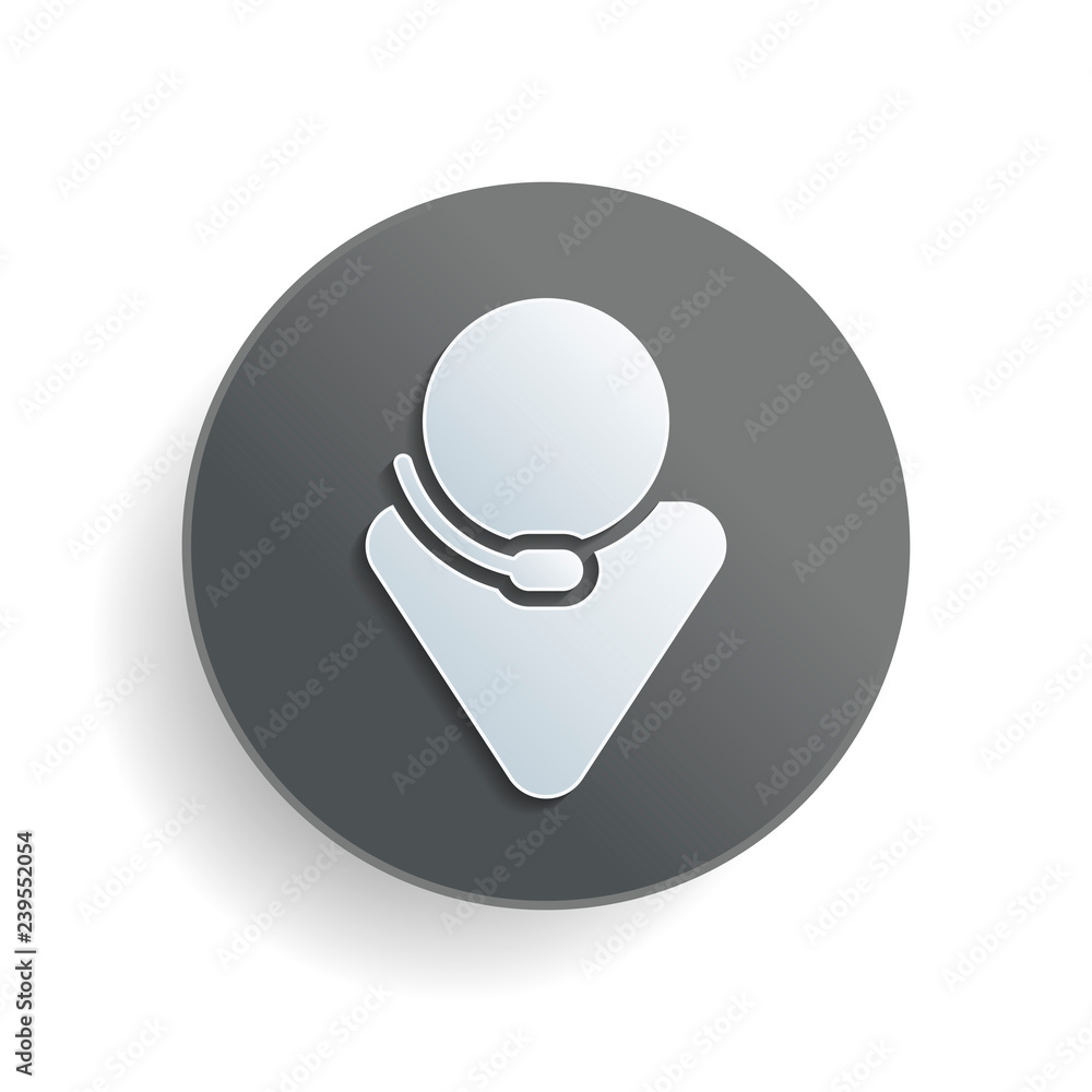 Call center, male symbol. White paper symbol on gray round button or badge with shadow Call center, male symbol. White paper symbol on gray round button or badge with shadow
