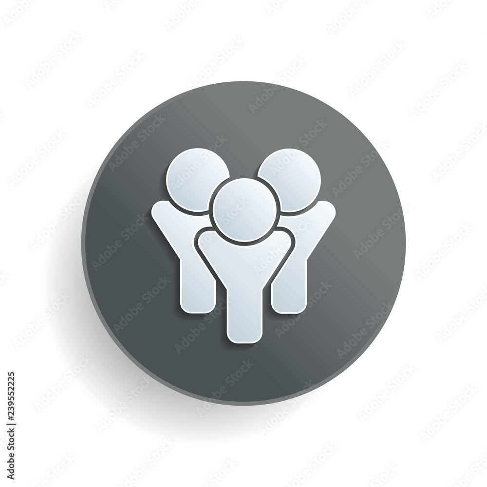 Team group icon. White paper symbol on gray round button or badge with shadow Team group icon. White paper symbol on gray round button or badge with shadow