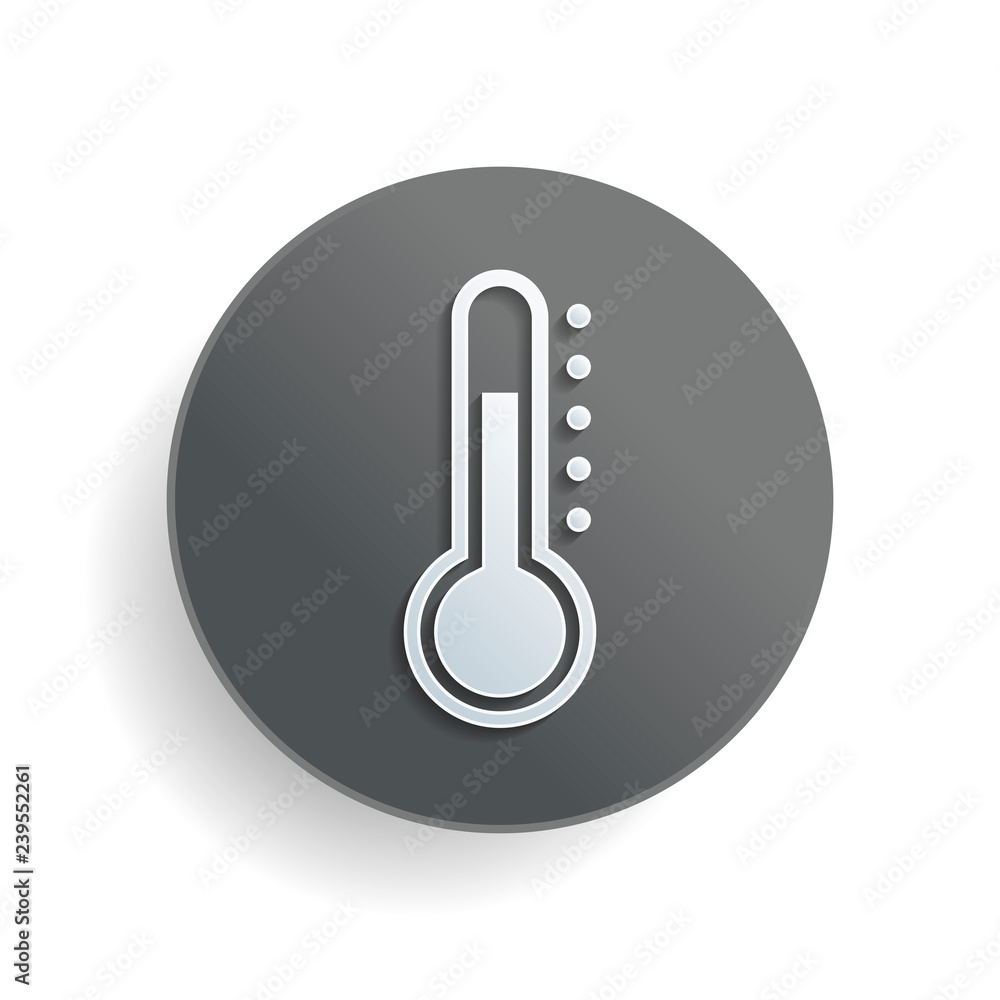 Simple thermometer icon. White paper symbol on gray round button or badge with shadow Simple thermometer icon. White paper symbol on gray round button or badge with shadow
