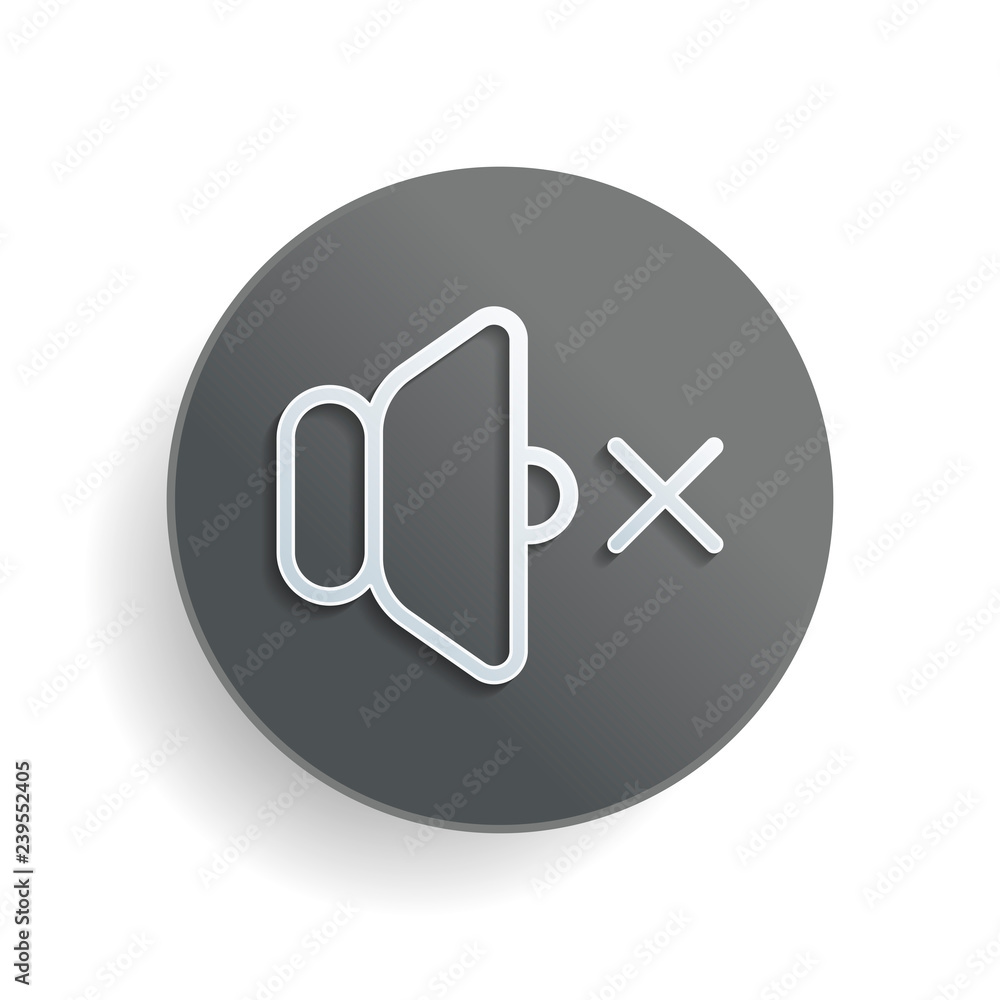 volume mute icon. White paper symbol on gray round button or badge with shadow volume mute icon. White paper symbol on gray round button or badge with shadow