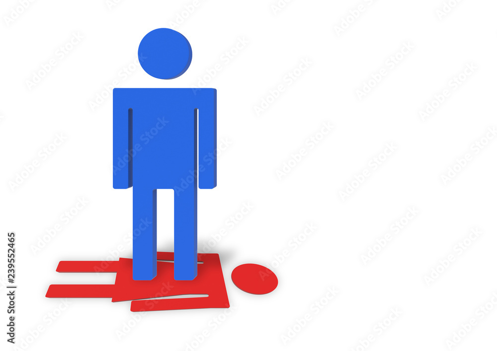 3d rendering. A big blue male standing on red female gender sign. gender pay gap concept 3d rendering. A big blue male standing on red female gender sign. gender pay gap concept