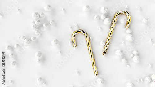 Gold and white christmas candies and balls on white background