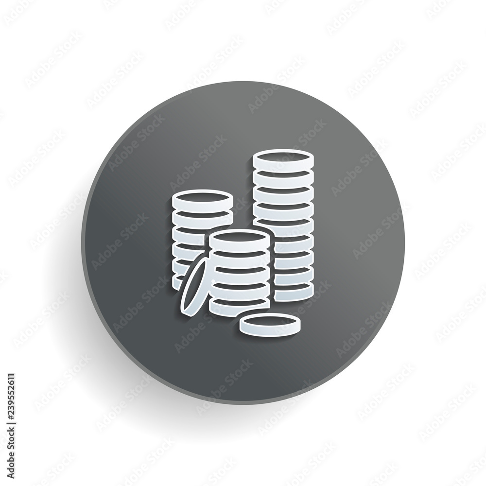 Coin stack icon. White paper symbol on gray round button or badge with shadow Coin stack icon. White paper symbol on gray round button or badge with shadow