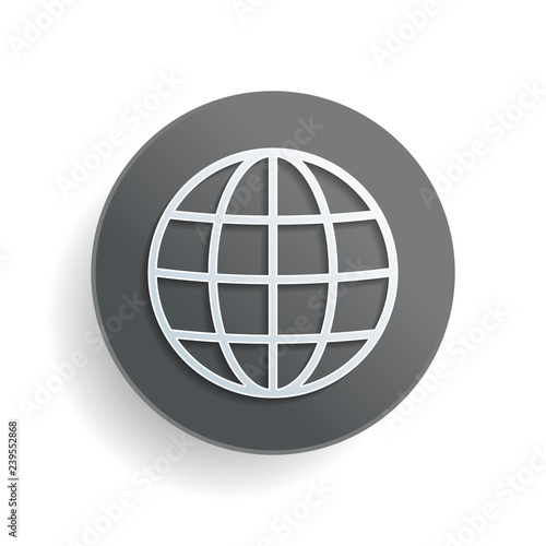 Simple globe icon. Linear  thin outline. White paper symbol on gray round button or badge with shadow
