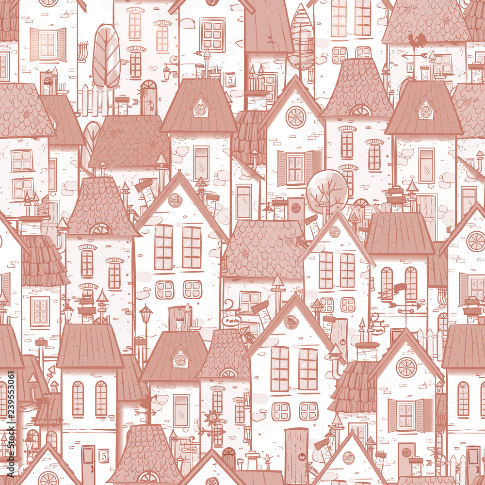 Seamless pattern with cartoon doodle houses. Can be used for wallpaper, pattern fills, textile, web page background, surface textures.