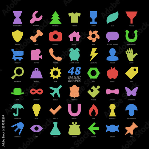 Large vector basic icons shapes set. Flat pictogram big collection. Color isolated signs. Simple symbol of hourglass  wrench  fir  shirt  glass  leaf  funnel  shield  bone  camera  home  fan  trolley