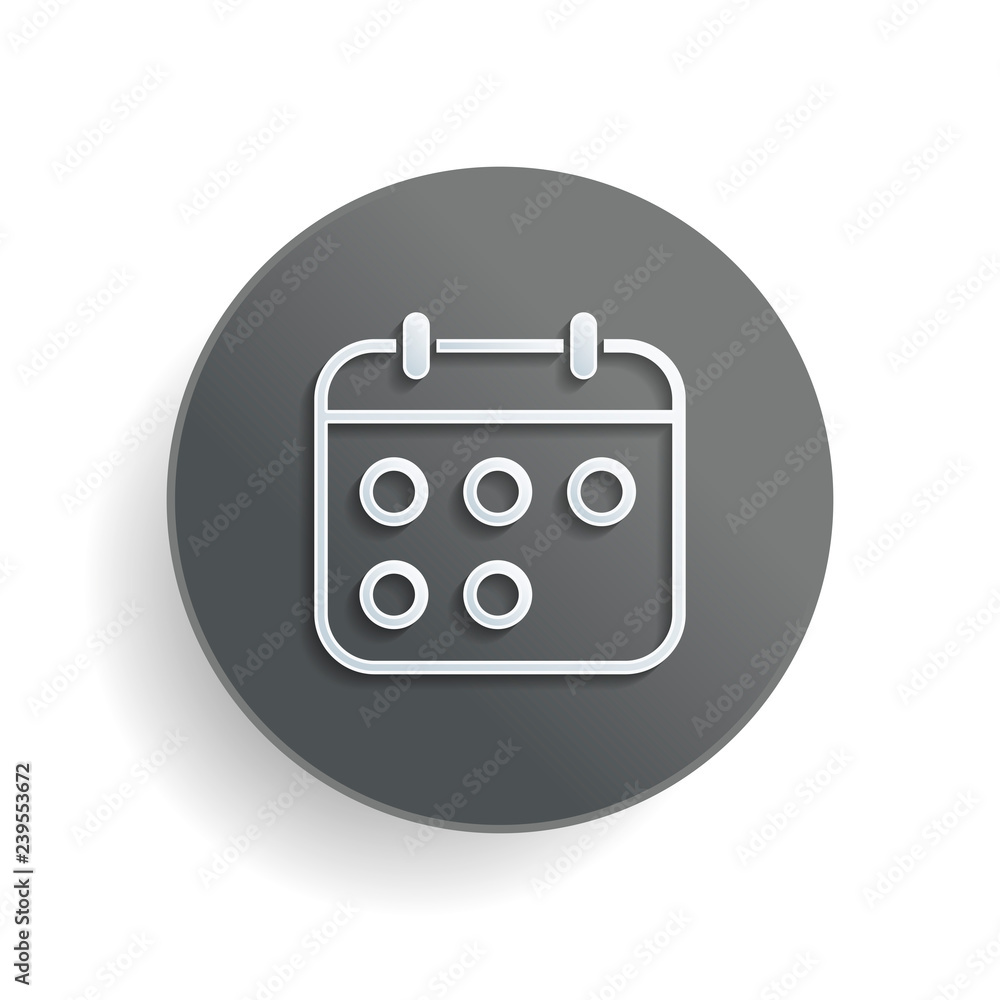 Simple calendar, Linear, thin outline. White paper symbol on gray round button or badge with shadow Simple calendar, Linear, thin outline. White paper symbol on gray round button or badge with shadow