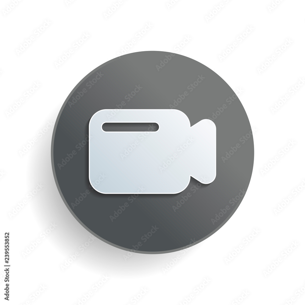 Simple video camera icon. White paper symbol on gray round button or badge with shadow Simple video camera icon. White paper symbol on gray round button or badge with shadow
