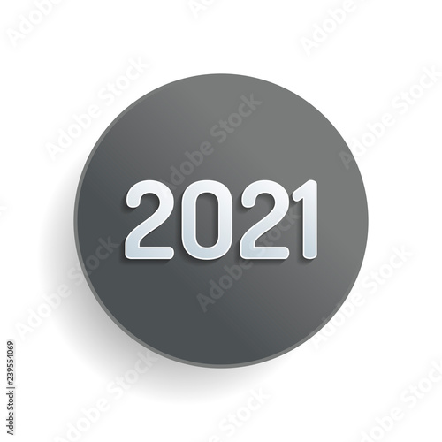 2021 number icon. Happy New Year. White paper symbol on gray round button or badge with shadow
