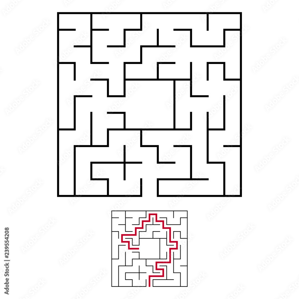 Black square maze with entrance and exit. An interesting and useful game for children. Simple flat vector illustration isolated on white background. With a place for your drawings. With the answer. Black square maze with entrance and exit. An interesting and useful game for children. Simple flat vector illustration isolated on white background. With a place for your drawings. With the answer.