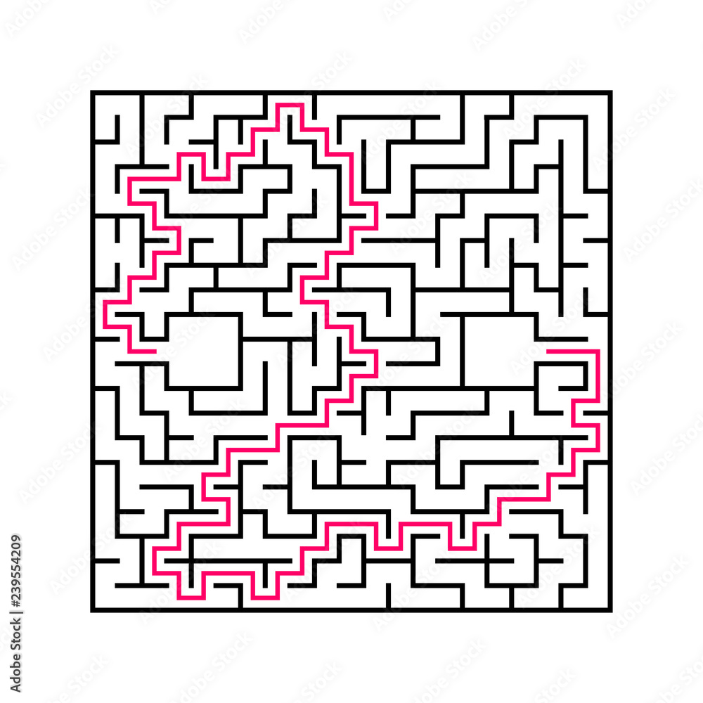 Black square maze with entrance and exit. An interesting and useful game for children. Simple flat vector illustration isolated on white background. With the answer. Black square maze with entrance and exit. An interesting and useful game for children. Simple flat vector illustration isolated on white background. With the answer.