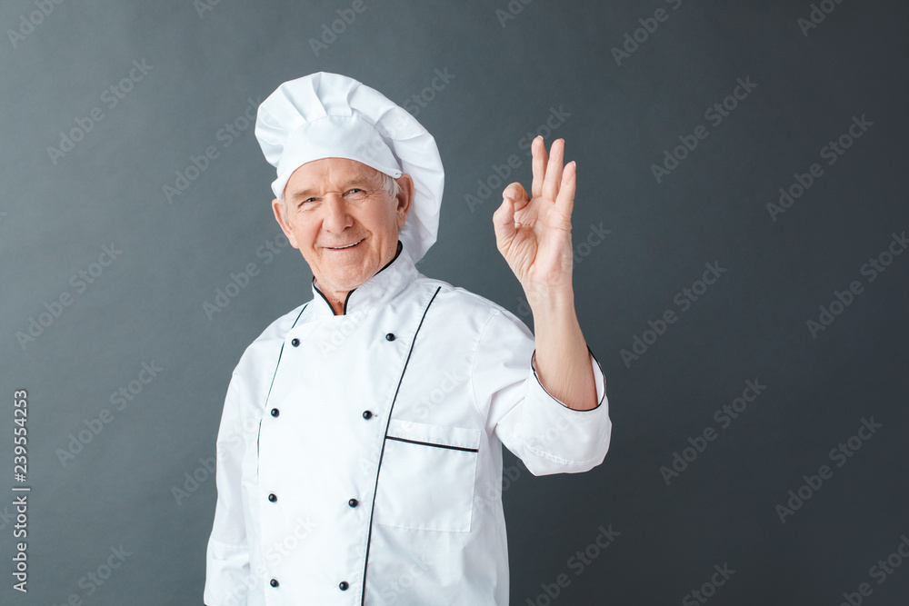 Senior chef studio standing isolated on gray showing ok sign looking camera happy Senior chef studio standing isolated on gray showing ok sign looking camera happy