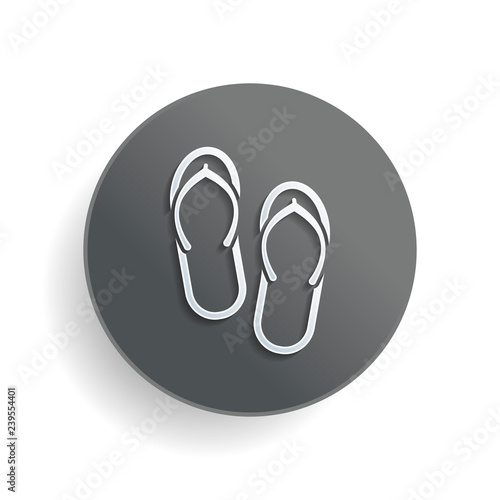 Beach slippers. Flip flops icon. White paper symbol on gray round button or badge with shadow