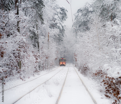 Old red tram, leaving the distance through the snow-covered forest. Selective focus.
