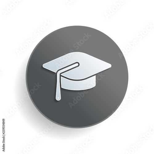 Graduation cap. Education icon. White paper symbol on gray round button or badge with shadow