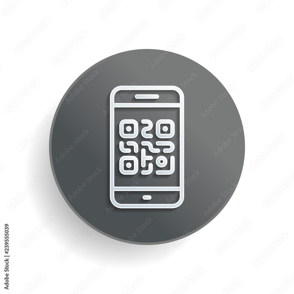 QR code. Scanning with cell phone. Technology outline icon. White paper symbol on gray round button or badge with shadow QR code. Scanning with cell phone. Technology outline icon. White paper symbol on gray round button or badge with shadow