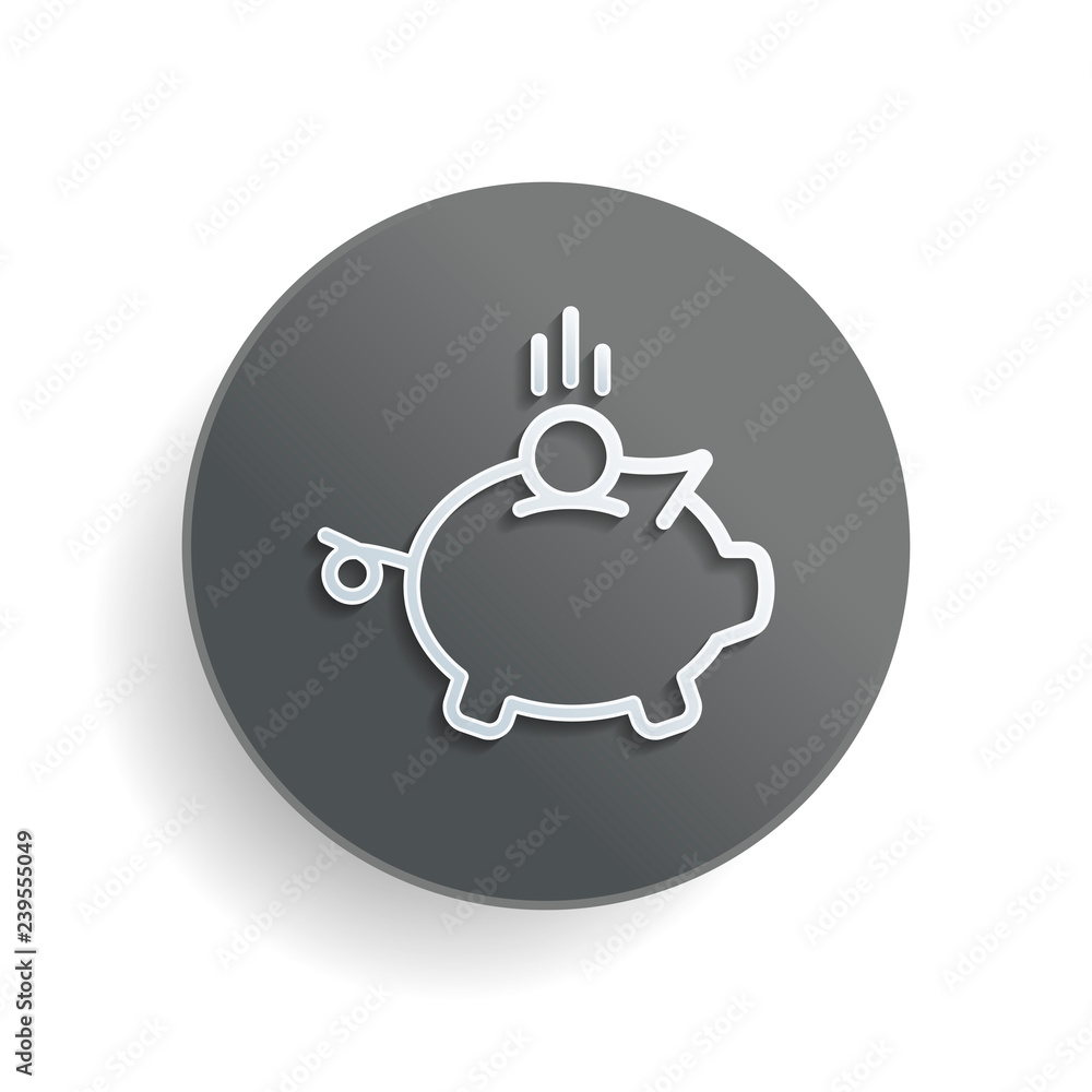 Piggy bank, dollar coin. Business icon. White paper symbol on gray round button or badge with shadow Piggy bank, dollar coin. Business icon. White paper symbol on gray round button or badge with shadow