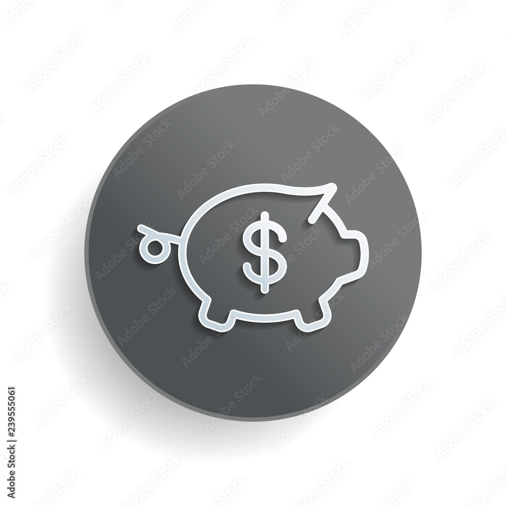 Piggy bank with dollar symbol. Business icon. White paper symbol on gray round button or badge with shadow Piggy bank with dollar symbol. Business icon. White paper symbol on gray round button or badge with shadow
