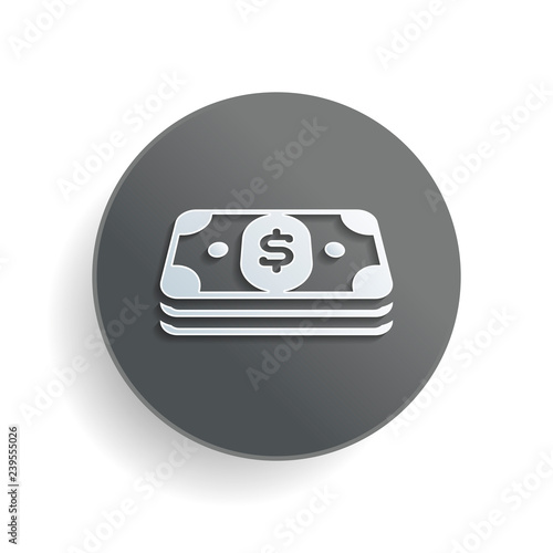Pack of dollar money or vouchers. Business icon. White paper symbol on gray round button or badge with shadow
