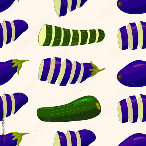 Vegetables on light background. seamless pattern. plant-based food colorful ornament. raw eggplant and zucchini. Vegetarian or vegan kitchen, low calorie diet. Green and purple colors. Vector 8 eps