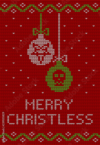 Ugly sweater knitted design  in red, green and white colors. Christmas balls decorated with a pentagram and a skull.