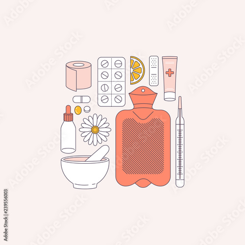 Woman period remedy. Medications, hot water bottle, green tea, candle, chocolate, lemon, camomle. Flat line art. Vector illustration