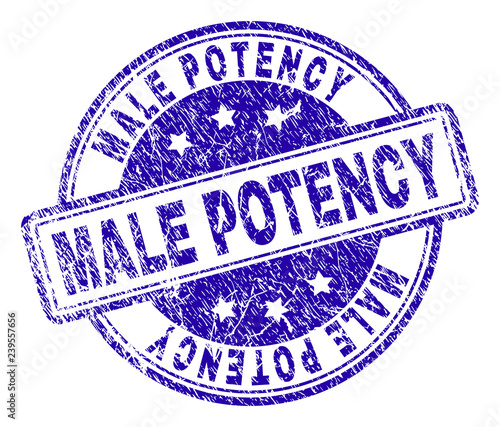MALE POTENCY stamp seal imprint with distress texture. Designed with rounded rectangles and circles. Blue vector rubber print of MALE POTENCY title with retro texture.