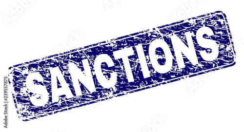 SANCTIONS stamp seal print with distress texture. Seal shape is a rounded rectangle with frame. Blue vector rubber print of SANCTIONS tag with dust texture.