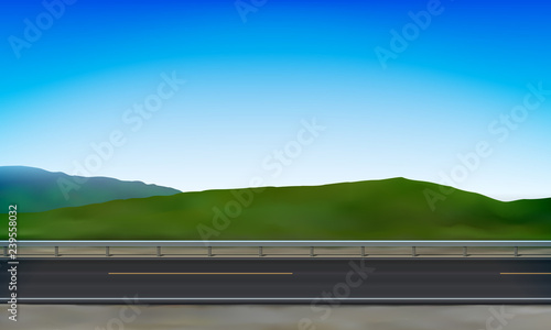 Side view of a road with a crash barrier, roadside, green meadow in the hills and clear blue sky background, vector illustration