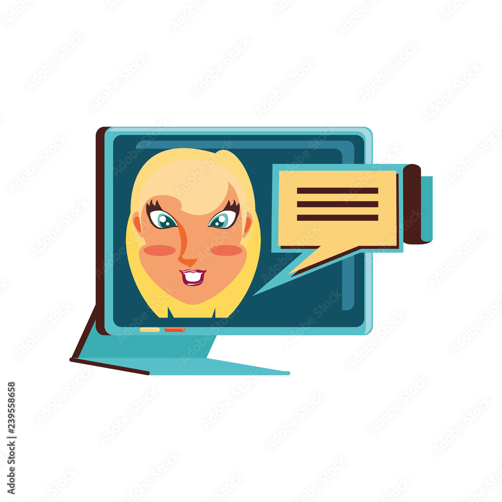 face woman in computer monitor and speech bubble