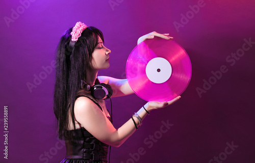 dj headphone equipment disco girl party retro vintage ultraviolet mixer young woman vinyl glamor valentine's day plastic pink proton purple