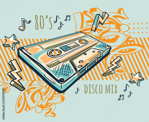 Funky colorful drawn audio cassette