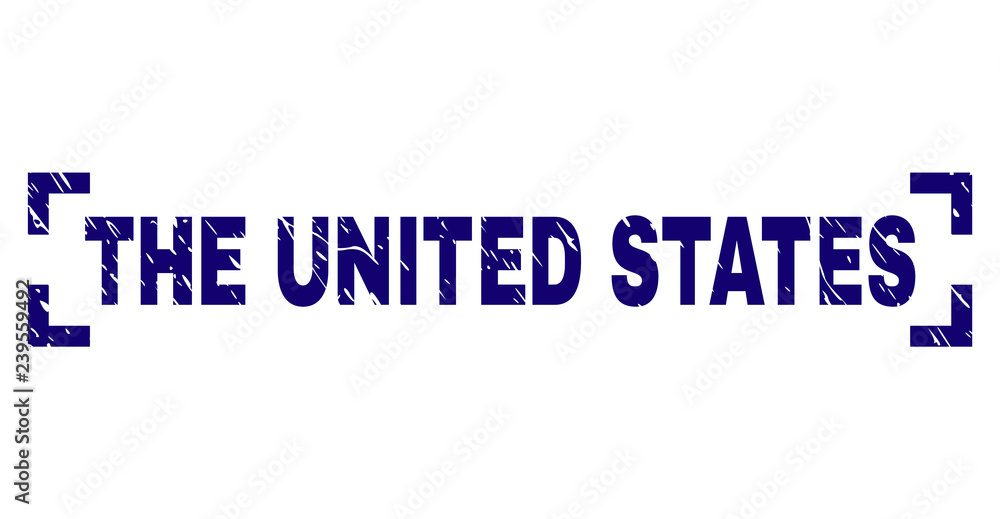 THE UNITED STATES text seal print with corroded texture. Text label is placed inside corners. Blue vector rubber print of THE UNITED STATES with grunge texture.