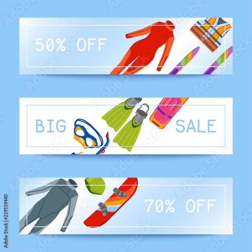 Summer water beach sea sports banners activities vector illustration. Active people watersport windsurfing, surfing, jet ski snorkel, scuba dive, tubing, ride speed boat banana float tools.
