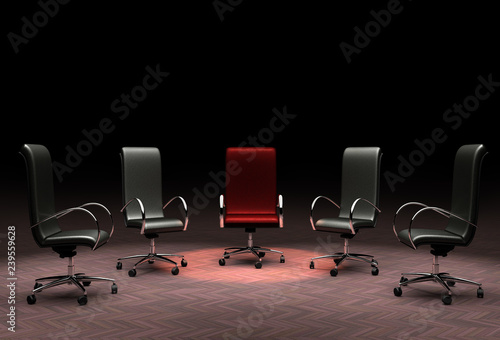 3D rendering of a group of office chairs representing the concepts of leadership, stand out from the crowd, different.