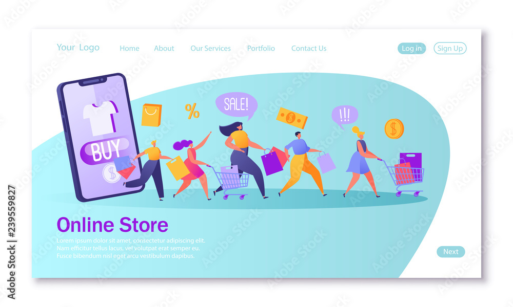 Concept of landing page on shopping theme. Vector illustration for mobile website development and web page design. Five happy, flat people characters running with shopping bags and trucks. Concept of landing page on shopping theme. Vector illustration for mobile website development and web page design. Five happy, flat people characters running with shopping bags and trucks.