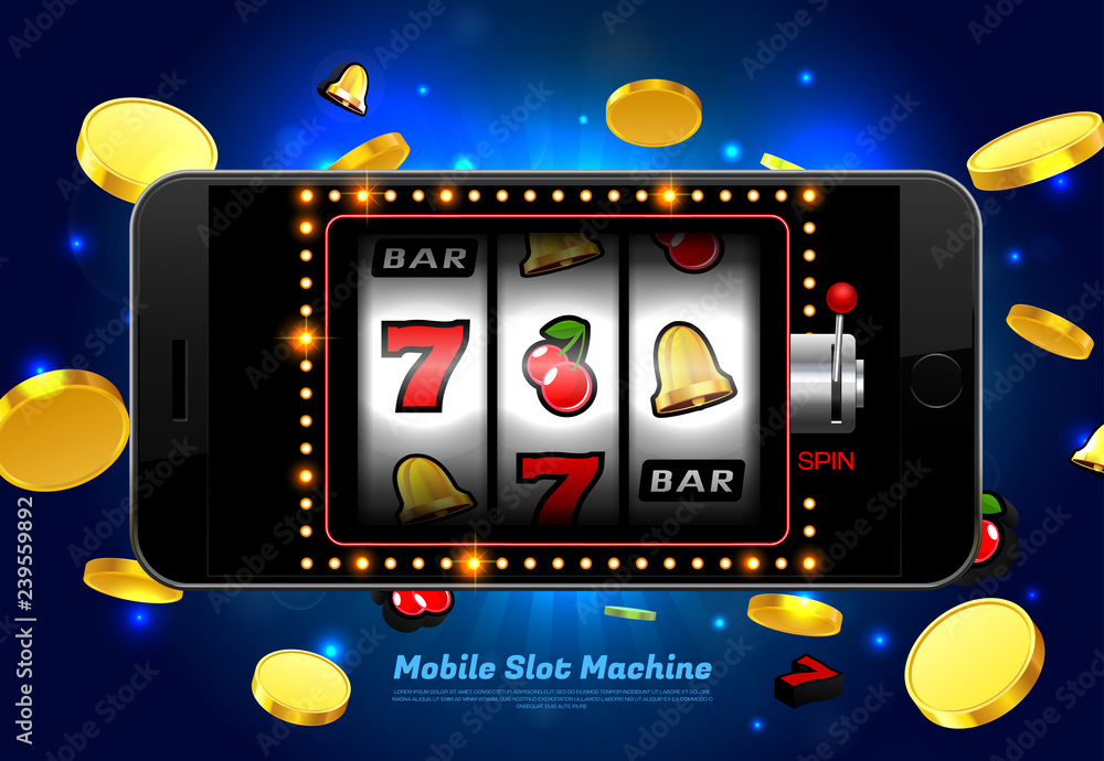 Naklejka premium lucky slot machine casino on mobile phone with light background