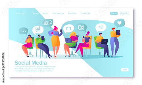 Concept of landing page on social media theme. Vector illustration for mobile website development and web page design. Vector illustration with set of flat people characters chatting in social network