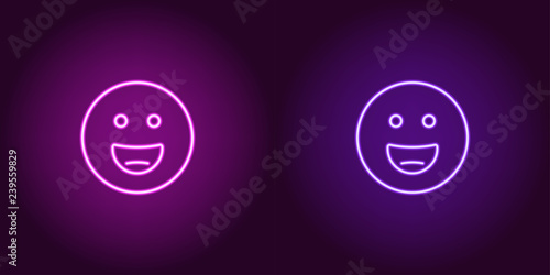Neon illustration of grinning emoji. Vector icon