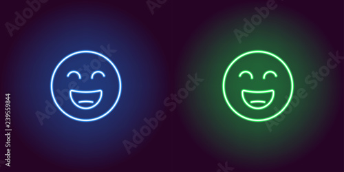 Neon illustration of grinning emoji. Vector icon