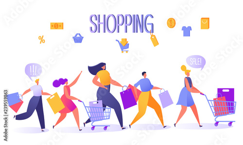 Five happy, flat people characters running with shopping bags and trucks. Vector illustration shopping theme, sale concept, retail consumerism. Flat design style.