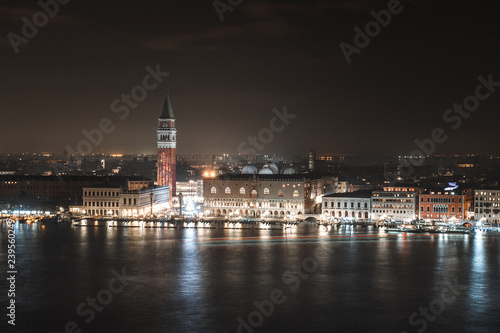 Long exposure on the bell tower seeing the San Marcos square in Venice on a December night 