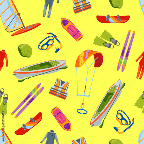 Summer water beach sea sports seamless pattern activities vector illustration. Active people windsurfing, surfing, jet ski snorkel, scuba dive, tubing, ride speed boat banana float tools.