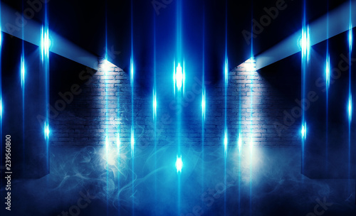 Background of an empty dark room with brick shades  illuminated by neon lights with laser beams  smoke