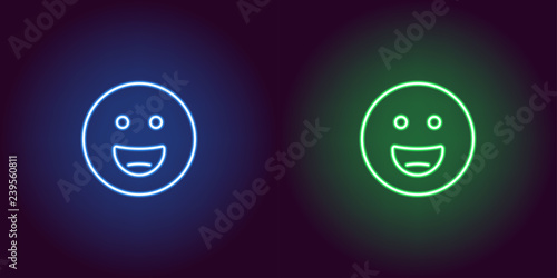 Neon illustration of grinning emoji. Vector icon