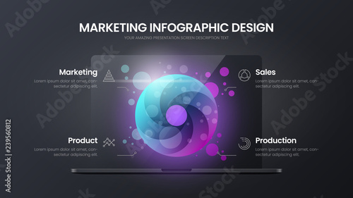 Creative 4 option circle marketing analytics presentation vector illustration template. Notebook mock up bright colorful banner layout. Corporate business data visualization infographic design layout.